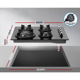 Devanti Gas Cooktop 60cm 4 Burner Glass Cook Top Cooker Stove Hob NG LPG Black